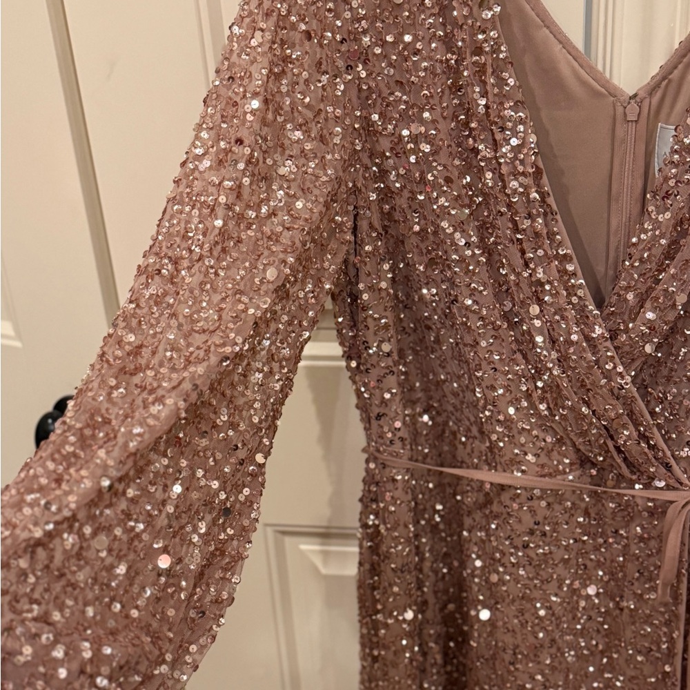 Adrianna Papell Sequin Long Sleeve Wrap Maxi Dress - Rose Gold - Picture 3 of 6